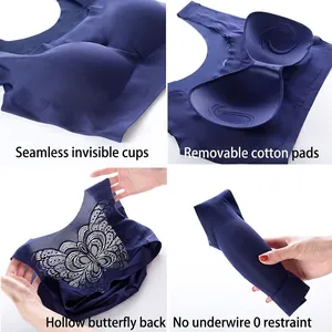 Seamless plus size sports bra with hollow butterfly lace back and removable pads in navy blue