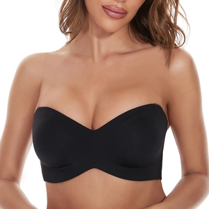 Detail view of seamless strapless push up bra in black fabric for a smooth invisible look