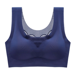 Seamless plus size sports bra in dark blue with wide straps and lace back detail