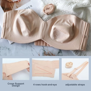 Detail view of seamless tube top bra with cross support design and four rows of hooks