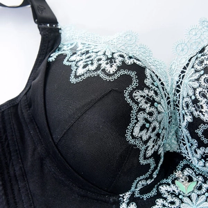 Lace plus size bra with blue floral embroidery and a small butterfly charm pendant