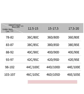 Detailed size guide for plus size lace bra including bust measurements from 36C to 46E