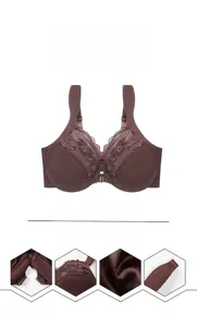 Detailed views of the front closure and delicate lace patterns on the brown bra