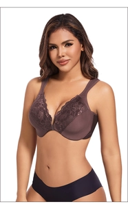 Front view of brown lace bra with front closure and wide straps for support