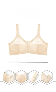 Detailed views of beige full cup lace bra showing mesh texture and 4-row back hook closure