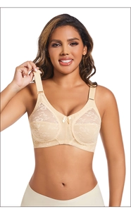 Close-up of elegant beige lace embroidery and bow detail on this full cup bra