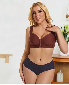 Front-closure brown plus size push up bra with wide straps for comfortable support