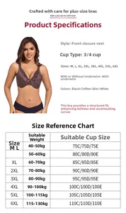 Size chart for lace front-closure bra ranging from M up to 6XL with cup measurements