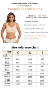 Size chart for full cup lace bra showing cup measurements from 80C to 115E in detail
