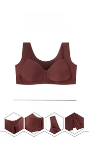 Front closure bra detail showing deep V-neckline and triple-row metal buckles