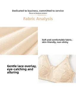 Detail view of the soft beige lace embroidery and breathable mesh fabric on a bra