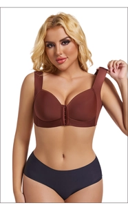 Detailed close-up of brown front-closure bra with smooth fabric and wide straps
