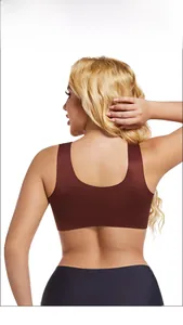 U-shaped back design of seamless brown sports bra showing elastic comfort and fit