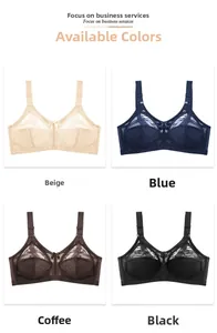 Detail view of lace full cup bras in black, blue, coffee, and beige colors