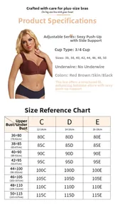 Detailed size guide for plus size front closure wire-free push up bra with measurements