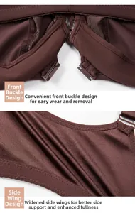 Detailed view of the front clasp closure and wide side wing design of the brown lace bra