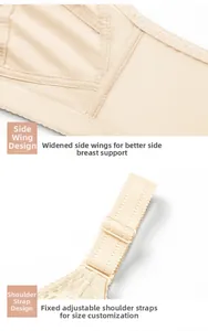 Detail view of wide side wings and adjustable straps on skin tone lace bra