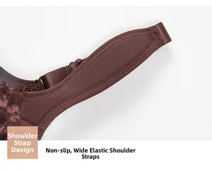 Detail of wide elastic non-slip shoulder straps on dark brown lace lingerie