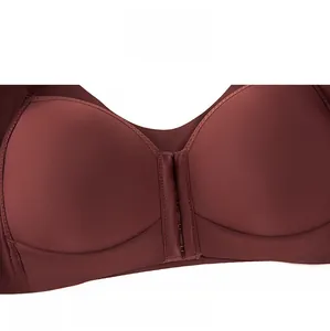 Detailed view of dark red seamless bra with front closure and wireless cups for comfort