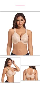 Detail of nude lace bra featuring front buckle closure and wide supportive straps