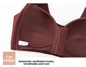 Detail view of burgundy bra with breathable honeycomb interior for cooling comfort