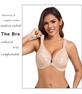 Front closure bra detail featuring delicate floral lace embroidery and a secure clasp
