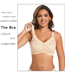 Detailed close-up of beige full cup lace bra with floral patterns and wide straps