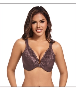 Front-closure lace bra in chocolate brown featuring floral embroidery and wide straps