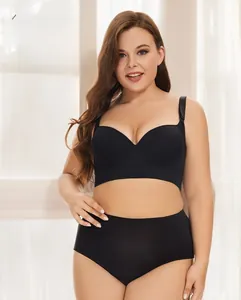 Detail of a large size black seamless bra set with wide straps for comfort and lift