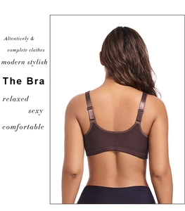Detail of a brown lace bra featuring adjustable shoulder straps and U-shaped back design
