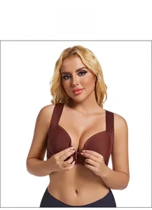 Front-closure plunge bra in dark brown featuring wide straps and smooth seamless fabric