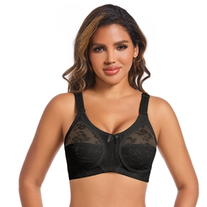 Elegant full cup black lace bra for women featuring delicate floral embroidery and wide straps