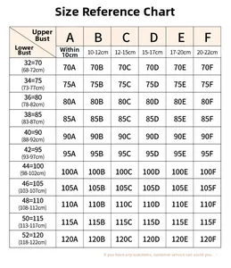 Comprehensive bra size chart showing underbust measurements from 32 to 52 and A to F cups