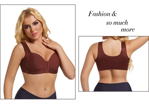 Detailed front closure of seamless brown push-up bra with wide smoothing back straps