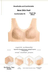 Detail showing the six-row front closure and delicate lace texture of the wireless bra