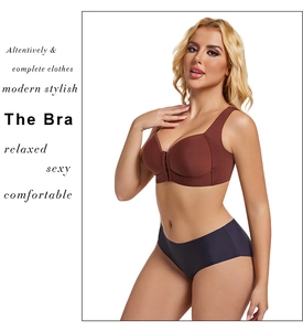 Front closure brown push-up bra and seamless black panty set on a model