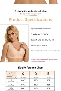 Size chart for lace front closure plus size bra showing cup measurements and fit guides