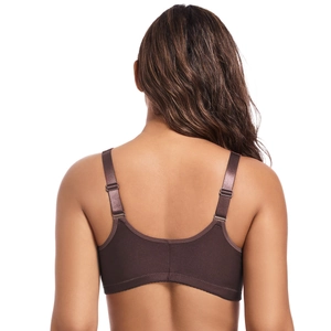 Coffee brown lace underwire bra with wide adjustable straps and U-shaped back design