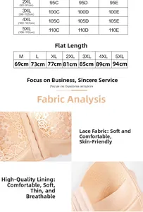 Size chart for lace front-closure bras showing dimensions for plus sizes 2XL to 5XL