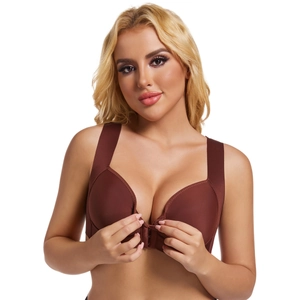Brown front-closure wireless bra with wide straps for comfort and lifting support