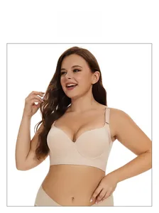 Detail view of seamless wide side wings on beige plus size memory wire bra