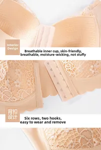 Detail of floral lace bra showing breathable mesh padding and six-row hook closure