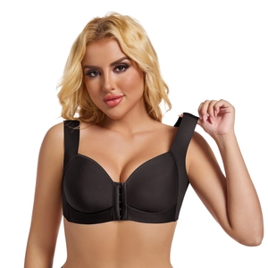 Seamless front closure bra in black with wide straps for comfort and support
