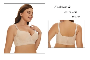 Detail view of beige seamless bra featuring wide side wings and multi-hook back closure
