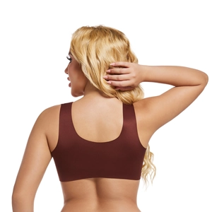 Deep brown seamless wireless bra with a deep U-shaped back and wide shoulder straps