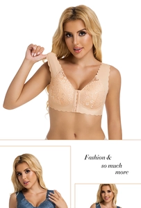 Detailed view of floral lace pattern and front closure buckle on a seamless bralette