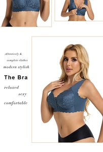 Detailed close-up of front-closure blue lace bra with seamless wireless cup design