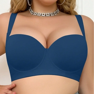 Detail of smooth navy blue full cup bra with wide shoulder straps for support