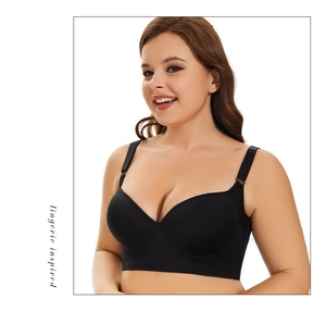 Detail of black seamless plus size bra with wide adjustable straps and supportive U-shaped back