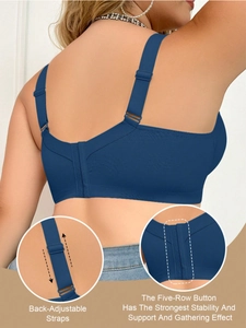 Detailed back view of wide adjustable straps and five-row hook-and-eye closure on bra